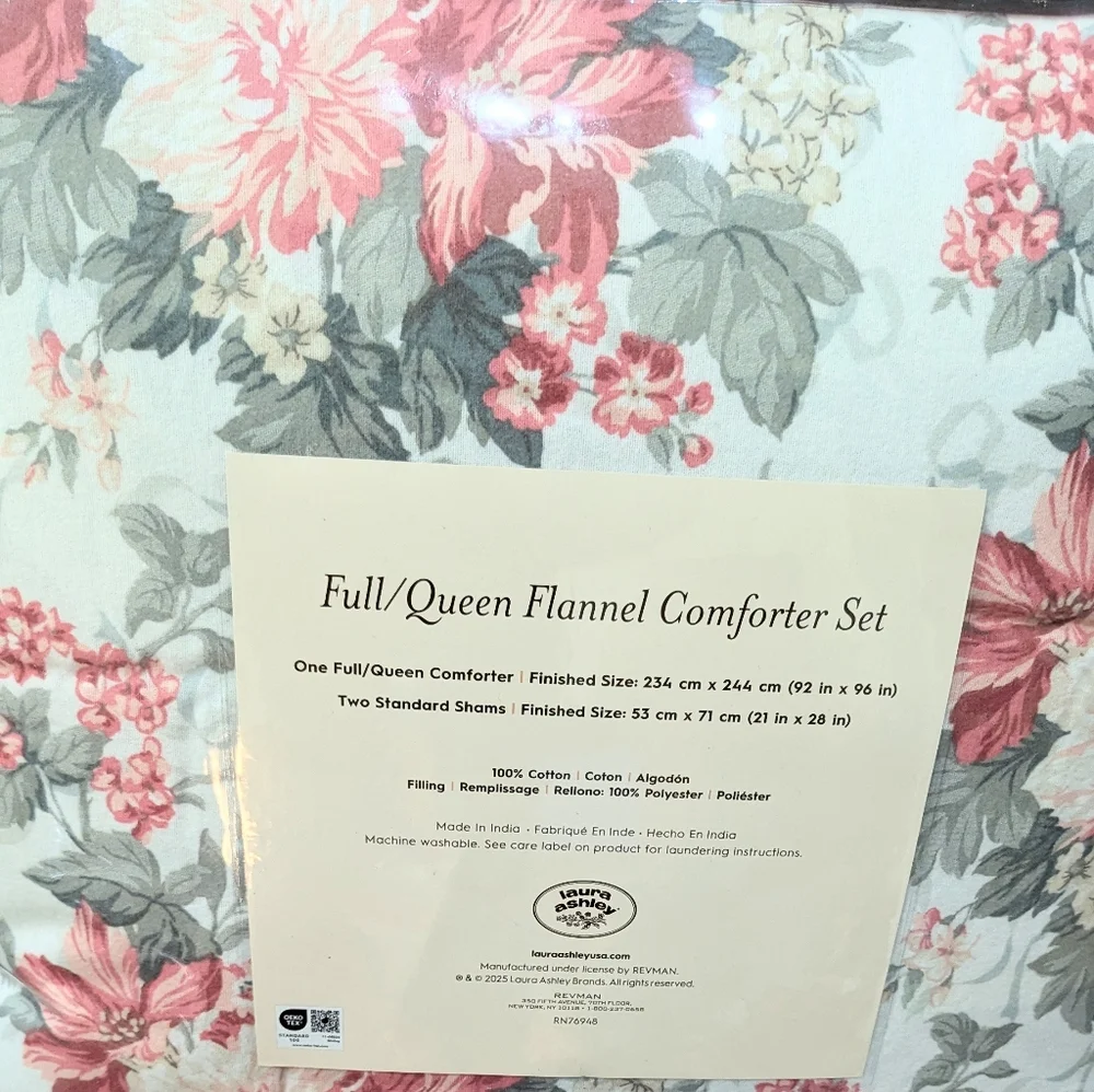 New LAURA ASHLEY Pale Green Pink Floral FLANNEL FULL/QUEEN Cotton Comforter Set